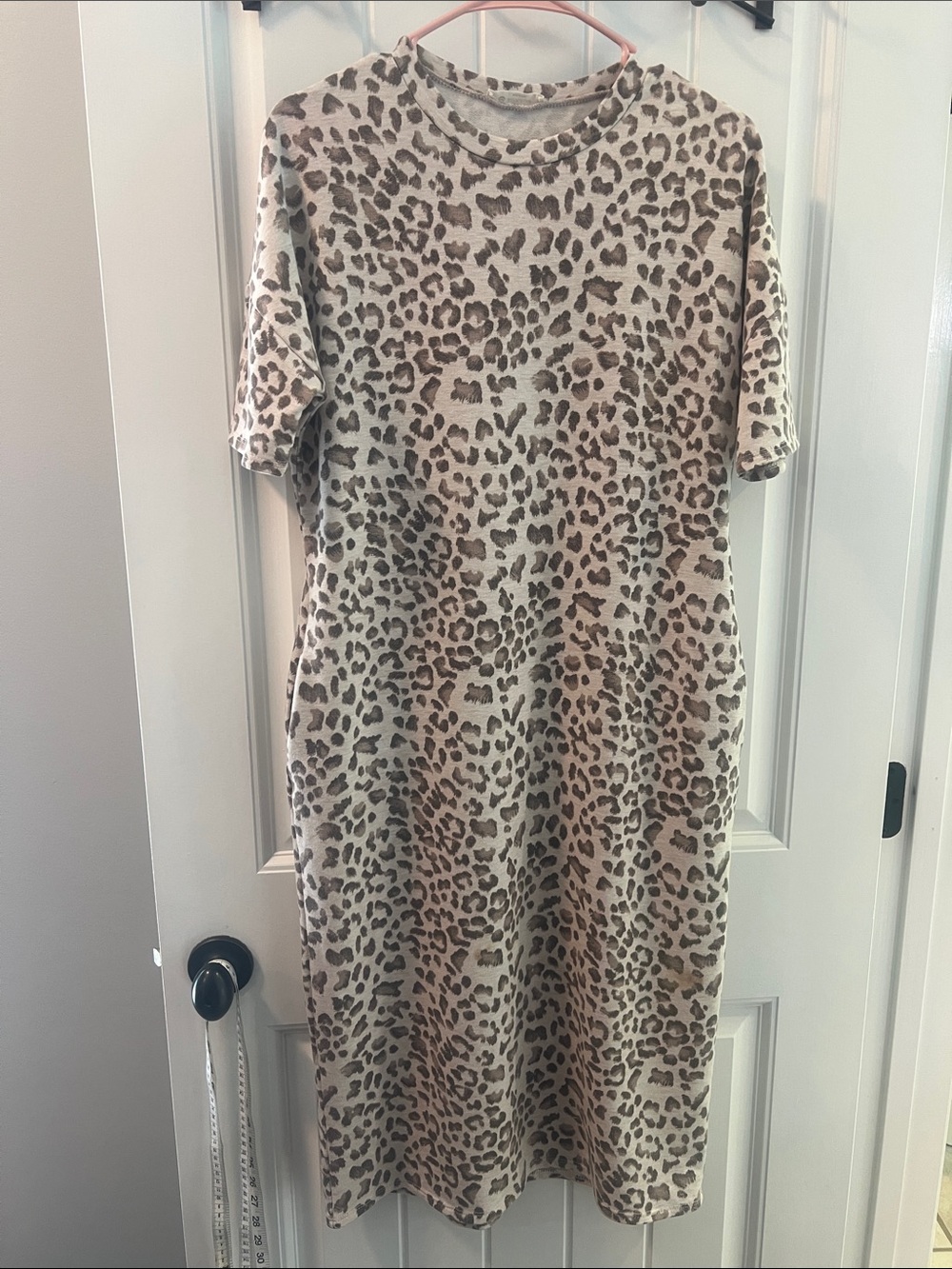 Leopard Print Short Sleeve Midi Dress in Beige/Brown
